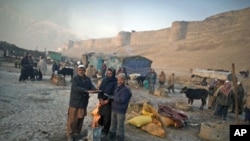 Afghan men stand next to a fire on a cold morning in an open livestock market near Bala Hissar, an old fortress, in Kabul, Afghanistan, January 10, 2012.