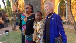 From left to right: Nobel peace laureate Layman Gbowee, Julienne Lusenge, winner of 2021 Aurora Prize and Mary Robinson, former Irish President, Rome, Oct. 9, 2021. (S.Castelfranco/VOA)