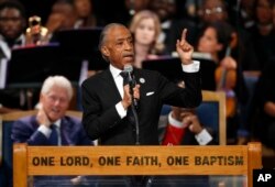 Rev. Al Sharpton speaks during the funeral service for Aretha Franklin at Greater Grace Temple, Aug. 31, 2018, in Detroit.