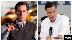 Mantan Senator Rick Santorum (kiri) dan mantan gubernur Massachusetts, Mitt Romney berada pada posisi sama kuat.