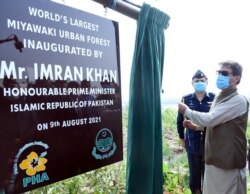Perdana Menteri Pakistan Imran Khan meresmikan hutan kota Miyawaki terbesar di dunia, di Lahore, Pakistan 9 Agustus 2021. (Selebaran Departemen Informasi Pers (PID) via REUTERS)