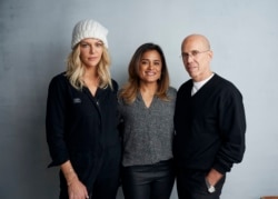 Kaitlin Olsonfrom left, Veena Sud and Jeffrey Katzenberg pose for a portrait to promote the film "Quibi" at the Music Lodge during the Sundance Film Festival on Friday, Jan. 24, 2020, in Park City, Utah. (Photo by Taylor Jewell/Invision/AP)