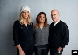 Kaitlin Olsonfrom left, Veena Sud and Jeffrey Katzenberg pose for a portrait to promote the film "Quibi" at the Music Lodge during the Sundance Film Festival on Friday, Jan. 24, 2020, in Park City, Utah. (Photo by Taylor Jewell/Invision/AP)