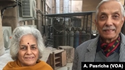 Retired army officer Ashok Joshi and his wife, Sushma Joshi, hope the innovation will help them counter air pollution when they are outdoors in New Delhi.