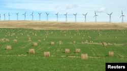 In the background, a wind farm generates electricity. In the foreground, bales of hay dot the landscape, 2010. 