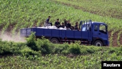 지난해 6월 북한 평안북도 삭주군에서 주민과 화물을 실은 트럭이 밭 사이를 지나고 있다. 중국 쪽에서 촬영한 사진이다.