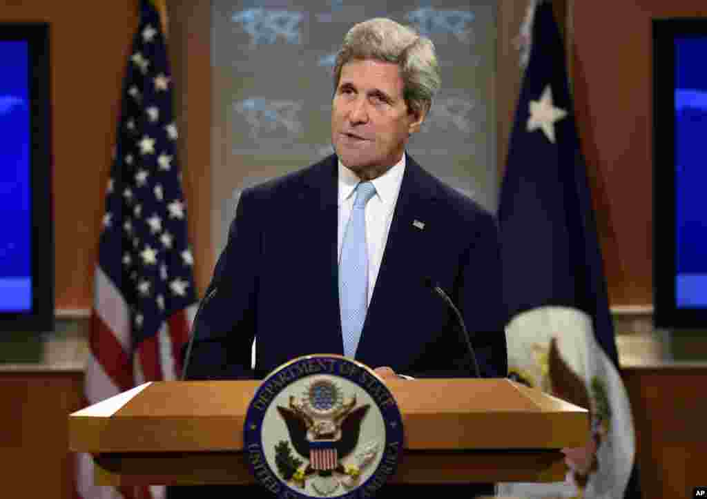 Secretary of State John Kerry at a State Department briefing said that Iraq has cleared a major milestone in the fight against the Islamic State militant group by forming a government that has pledged to ease sectarian tensions, in Washington, Sept. 8, 2014.