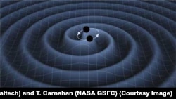 FILE - An artist's impression of two black holes circling each other, creating gravitational waves.