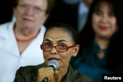 FILE - Brazilian politician Marina Silva speaks during a campaign event in Brasilia, Aug. 20, 2014.