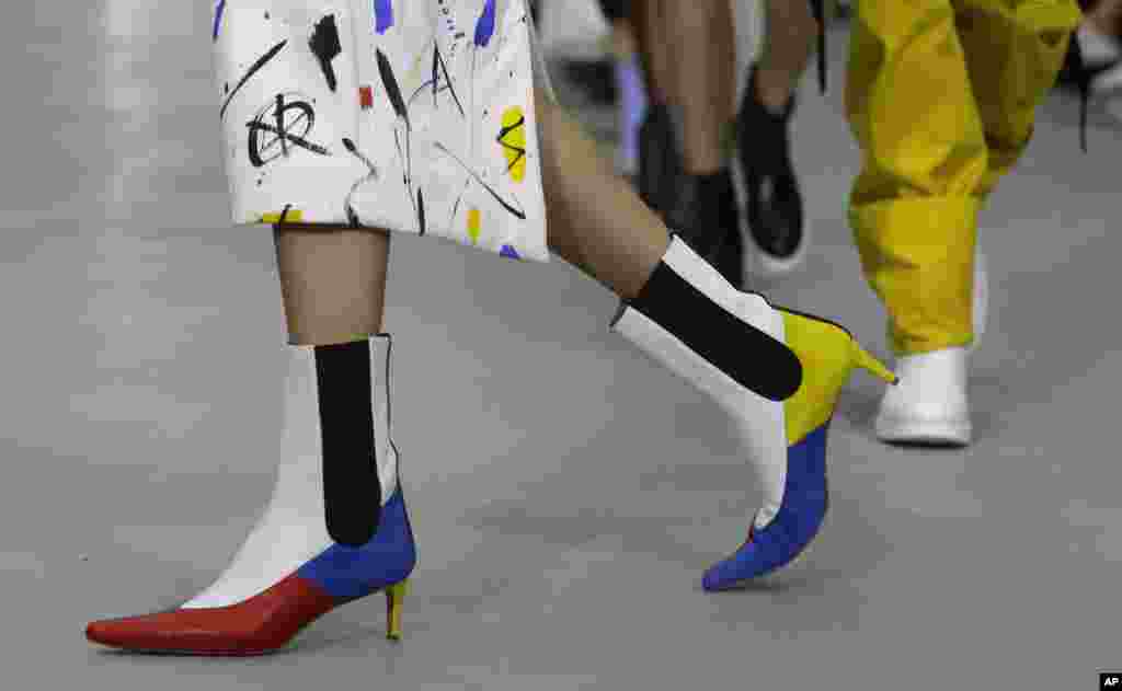 A model wears a creation by designers Teatum Jones during their Spring/Summer 2017 runway show at London Fashion Week in London.