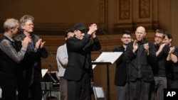 Steve Reich (in black baseball cap) at his 75th Birthday Concert at Carnegie Hall, where 'WTC 9/11' premiered on April 30, 2011.