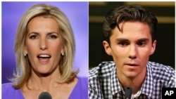 In this combination photo, Fox News host Laura Ingraham speaks at the Republican National Convention in Cleveland on July 20, 2016, left, and David Hogg, a student survivor from Marjory Stoneman Douglas High School in Parkland, Florida, speaks at a rally for common sense gun legislation in Livingston, New Jersey, Feb. 25, 2018.