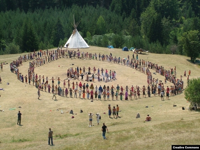 Dancers and a tipi at the European Rainbow Gathering in Bosnia, 2007. New age movements and Indian "hobbiests" have appropriated many elements of Native American cultures and spirituality.