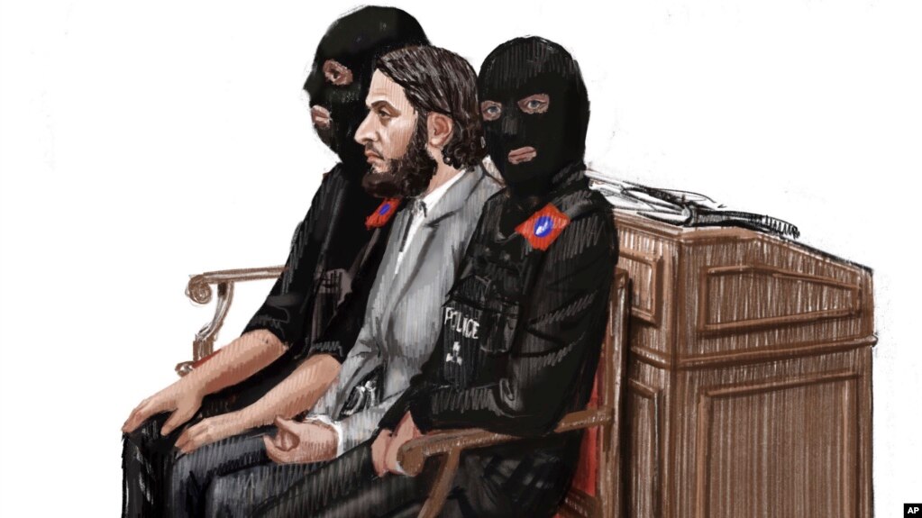 IlustraciÃ³n de Salah Abdeslam, centro, sentenciado el lunes 23 de abril en BÃ©lgica a 20 aÃ±os de cÃ¡rcel.