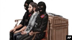Sketsa gambar di ruang sidang, Salah Abdeslam (tengah), dikawal oleh dua polisi di pengadilan di Brussels, Belgia (foto: dok).