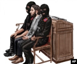 In this courtroom sketch, Salah Abdeslam, center, sits between two police officers during his trial at the Brussels Justice Palace in Brussels, Belgium, Feb. 5, 2018.