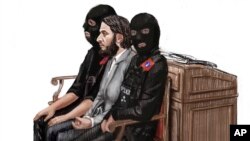 Un dessin de Salah Abdeslam au milieu de deux policiers lors de son procès au Palais de justice de Bruxelles, en Belgique, le 5 février 2018.