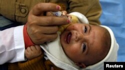 A health worker administers a polio vaccination to a child in Damascus, Nov. 20, 2013. 