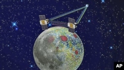 This undated artist rendering provided by NASA shows the twin Grail spacecraft mapping the lunar gravity field. The two probes are scheduled to enter orbit around the moon over New Year's weekend.