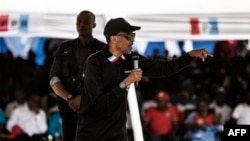 Incumbent Rwandan President Paul Kagame gives a speech during a campaign rally July 31, 2017, in Gakenke, Rwanda, ahead of the August 4 presidential election.