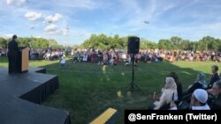 Sen. Al Franken speaks during an Aug. 8, 2017, solidarity event at the Al Farooq Youth & Family Center in Bloomington, MN, which was fire-bombed days earlier.