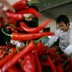 Chili peppers at a vegetable market in Hainan province, China