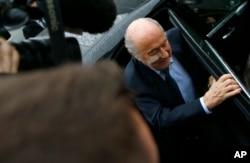 Suspended FIFA President Sepp Blatter arrives for a news conference in Zurich, Switzerland, Monday, Dec. 21, 2015.