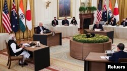 拜登总统在白宫主办有印度总理莫迪、澳大利亚总理莫里森和日本首相菅义伟参加的“四方”领导人峰会。(2021年9月24日)