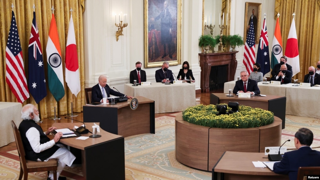 拜登总统在白宫主办有印度总理莫迪、澳大利亚总理莫里森和日本首相菅义伟参加的“四方”领导人峰会。(2021年9月24日)(photo:VOA)