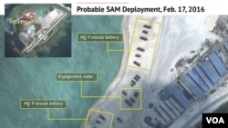 FILE - Satellite imagery analysis by geopolitical intelligence firm Stratfor shows probable surface-to-air launcher batteries and associated radar by China on Woody Island in the South China Sea. (Courtesy of Stratfor)