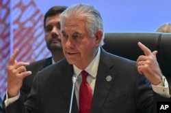 U.S. State Secretary Rex Tillerson gestures before the 10th Lower Mekong Initiative Ministerial Meeting, part of the Association of Southeast Asian Nations (ASEAN) Regional Forum in Manila, Philippines, Aug. 6, 2017.