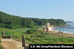 U.S. and South Korean troops, using the Army Tactical Missile System (ATACMS) and South Korea's Hyunmoo Missile II, fire missiles into the waters off South Korea, July 5, 2017.