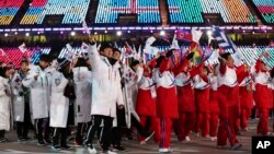 지난 2월 평창 동계올림픽 폐막식에서 남북한 선수단이 공동 입장하고 있다.