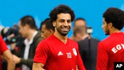 Mohamed Salah lors de l'entraînement à la veille du match entre la Russie et l'Egypte, Russie, le 18 juin 2018. 