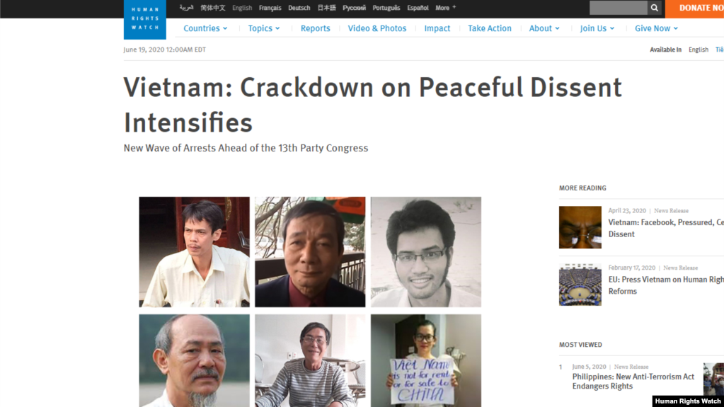 Hôm 19/06, tổ chức Theo dõi Nhân quyền (HRW) lên tiếng tố cáo Việt Nam gia tăng đàn áp những những người bất đồng chính kiến trước thềm đại hội Đảng 13. Hình minh họa. Photo HRW
