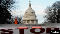 A security barricade is placed in front of the US Capitol on the first day of a partial federal government shutdown in Washington, Dec. 22, 2018.