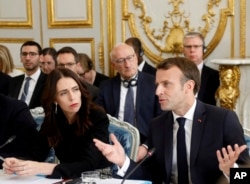 French President Emmanuel Macron and New Zealand's Prime Minister Jacinda Ardern attend a meeting at the Elysee Palace, May 15, 2019 in Paris. Several world leaders and tech bosses are meeting to find ways to stop acts of violent extremism from being show