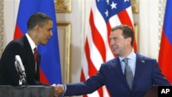 US President Barack Obama and Russian counterpart Dmitry Medvedev after signing the new START treaty reducing long-range nuclear weapons.