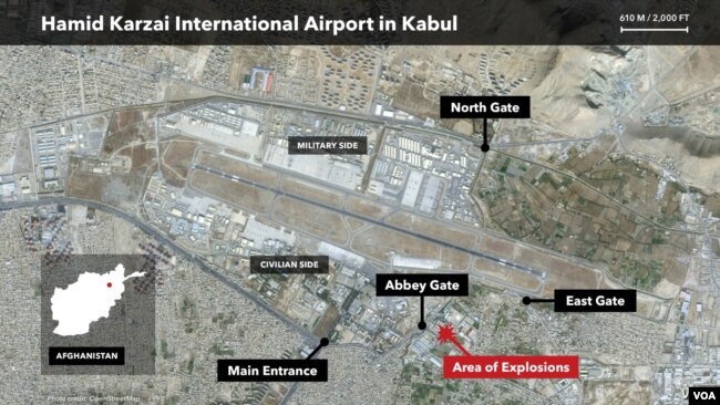 A map of the airport in Kabul, Afghanistan, showing the location of two explosions on Aug. 26, 2021.