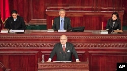 Outgoing interim president Fouad Mebazza (front) speaks during the opening session of Tunisia's constitutional assembly in Tunis November 22, 2011