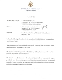 Memo dari dokter kepresidenan, Sean Conley, yang menyatakan Presiden Donald Trump dan Melania Trump positif terinfeksi virus corona (COVID-19)