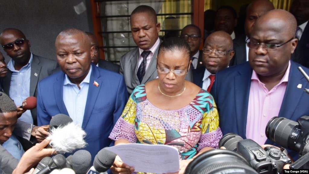 Vital Kamerhe de l’UNC, Eve Bazaiba du MLC et Felix Tshiseki de l’UDPS à Kinshasa, le 15 mars 2018. (VOA/Top Congo FM)