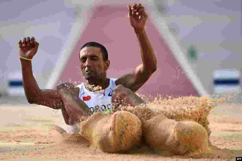 Morocco's Yahya Berrabah competes during the Men's Long Jump of the Athletics events at the Baku 2017 4th Islamic Solidarity Games at the Olympic Stadium in Baku.