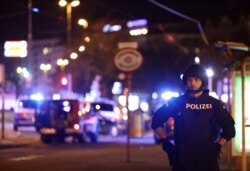 Austria, Vienna, Police blocks a street near Schwedenplatz square after exchanges of gunfire