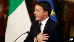 Italian Premier Matteo Renzi speaks during a press conference in Rome, Monday, Dec. 5, 2016. Renzi acknowledged defeat in a constitutional referendum and announced he would resign on Monday. Italians voted Sunday in a referendum on constitutional reforms 