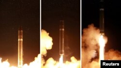 지난 2017년 11월 북한이 '화성-15형' 대륙간탄도미사일을 발사했다며 사진을 공개했다.