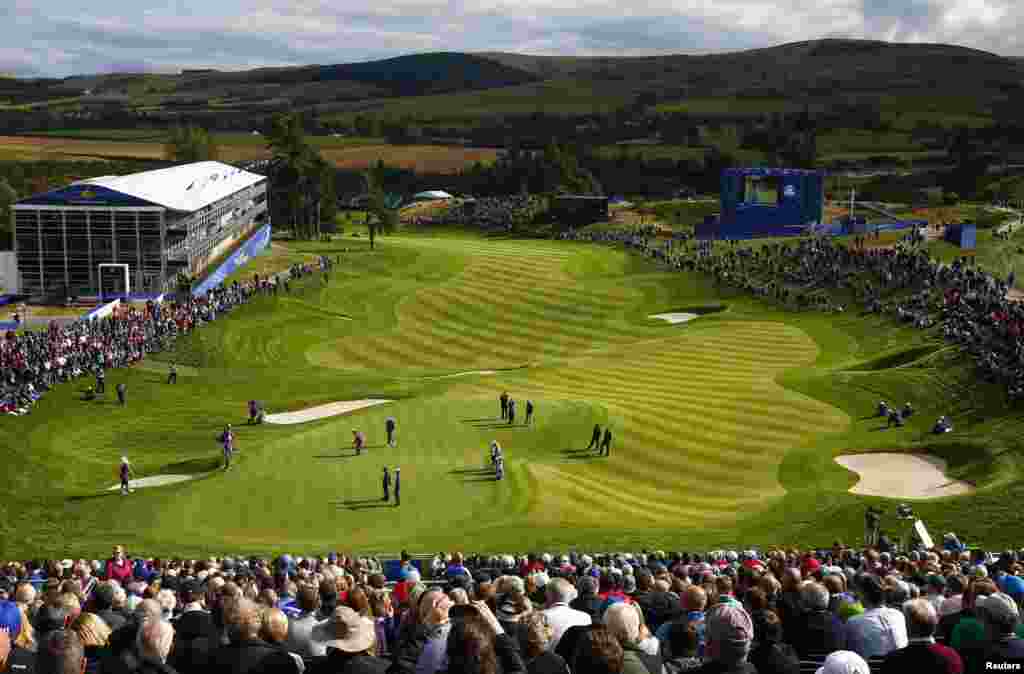 European Ryder Cup player Sergio Garcia putts on the 18th green during practice ahead of the 2014 Ryder Cup at Gleneagles in Scotland.