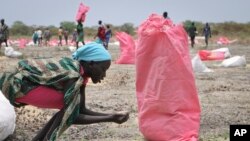 Uma mulher apanha grãos de sorgo do chão depois do Programa Alimentar Mundial ter deixado cair sacos deste grão na cidade de Kandak, Sudão do Sul. 2 de Maio 2018.