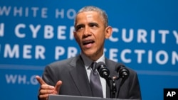FILE - President Barack Obama speaks during a summit on cybersecurity and consumer protection, Friday, Feb. 13, 2015, at Stanford University in Palo Alto, Calif. The president said cyberspace is the new "Wild West" with daily attempted hacks and people looking to the government to be the sheriff.