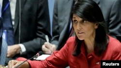 United States U.N. Ambassador Nikki Haley at a United Nations Security Council meeting, July 5, 2017. Haley will travel to Vienna Wednesday on a fact-finding mission concerning the Iran nuclear deal.